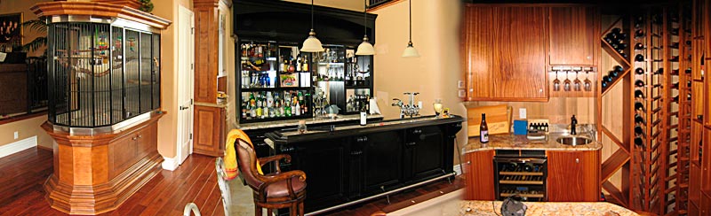 custom cabinets, bird cage, bar, wine racks